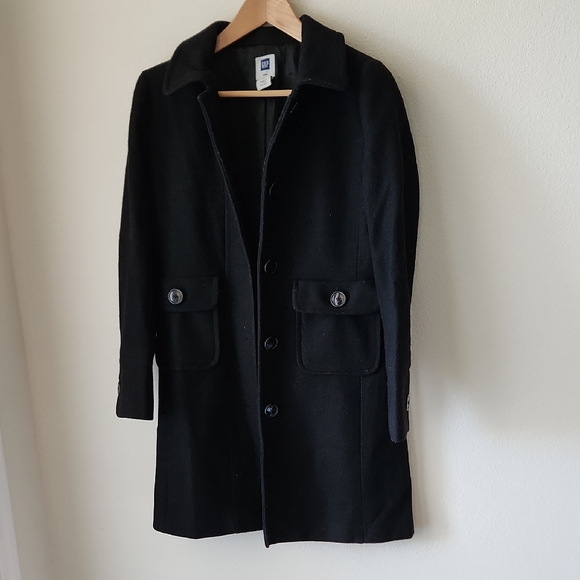 GAP Classic Black Wool Blend Trench Coat Lined Sz XS Minimalist Preppy Normcore - Picture 6 of 16
